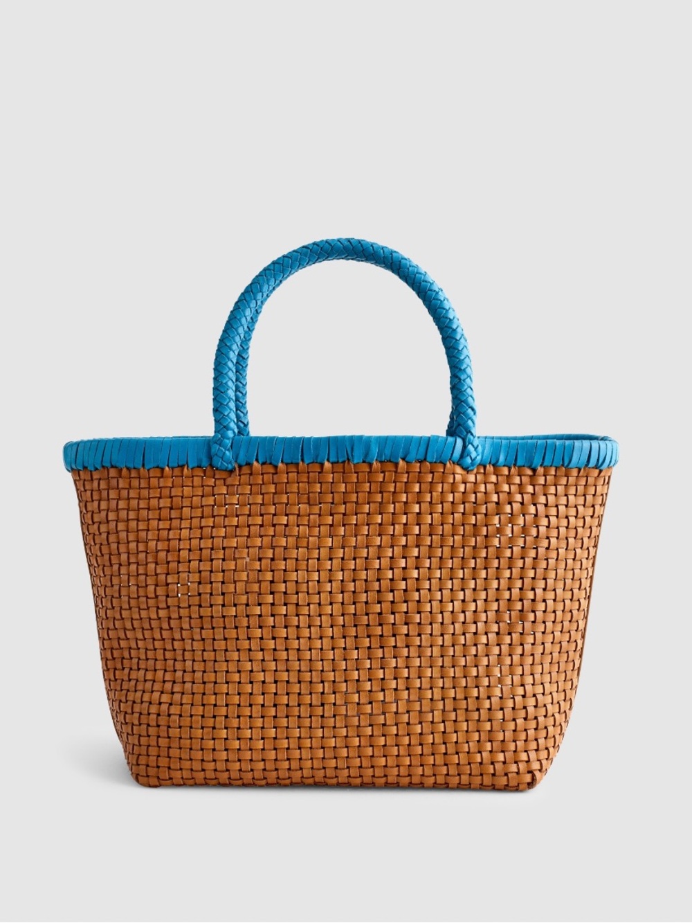 Madewell Signature Woven Mini Tote in Golden Tan with Tropical Blue Trim - Picture 2 of 7